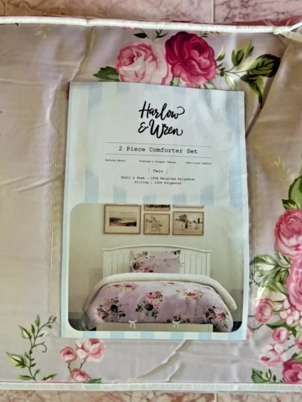 NEW Harlow & Wren Twin Ruched Comforter 2pc Set Pink Rose Floral